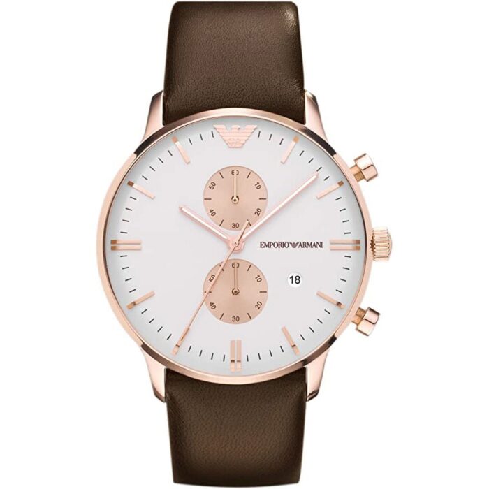 Emporio Armani Men's Rose Gold Chronograph Watch with White Dial and Brown Leather Strap - AR0398 - Image 6